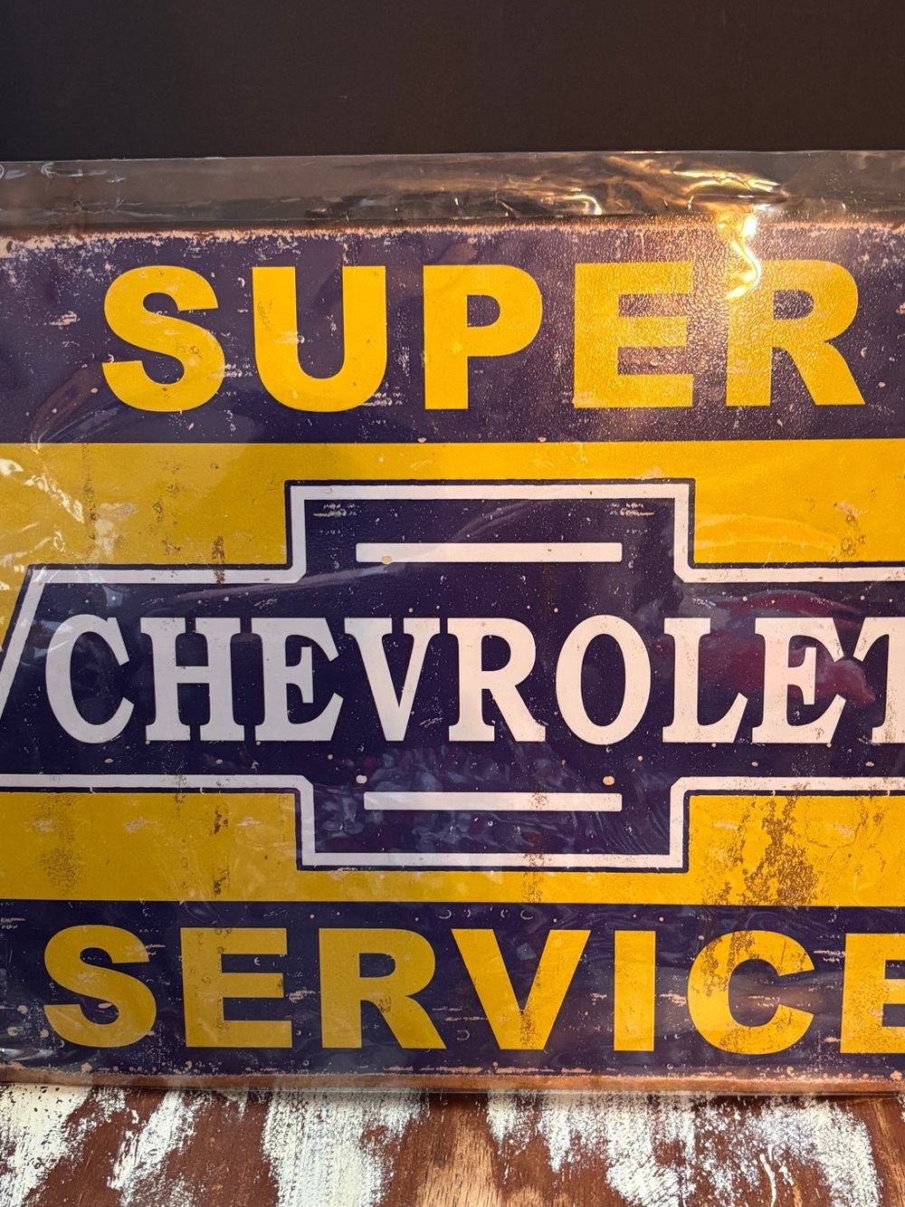 Chevrolet Yellow and Navy Super Service Metal Sign